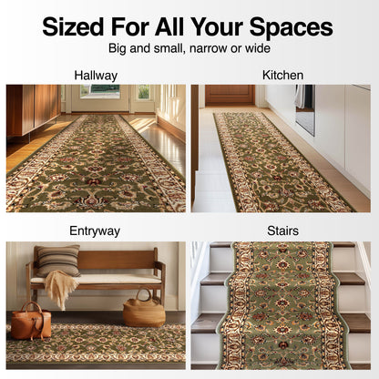 Sarouk Custom Size Runner Traditional Green 27 Inch Wide x Choose Your Length Hallway Runner Rug