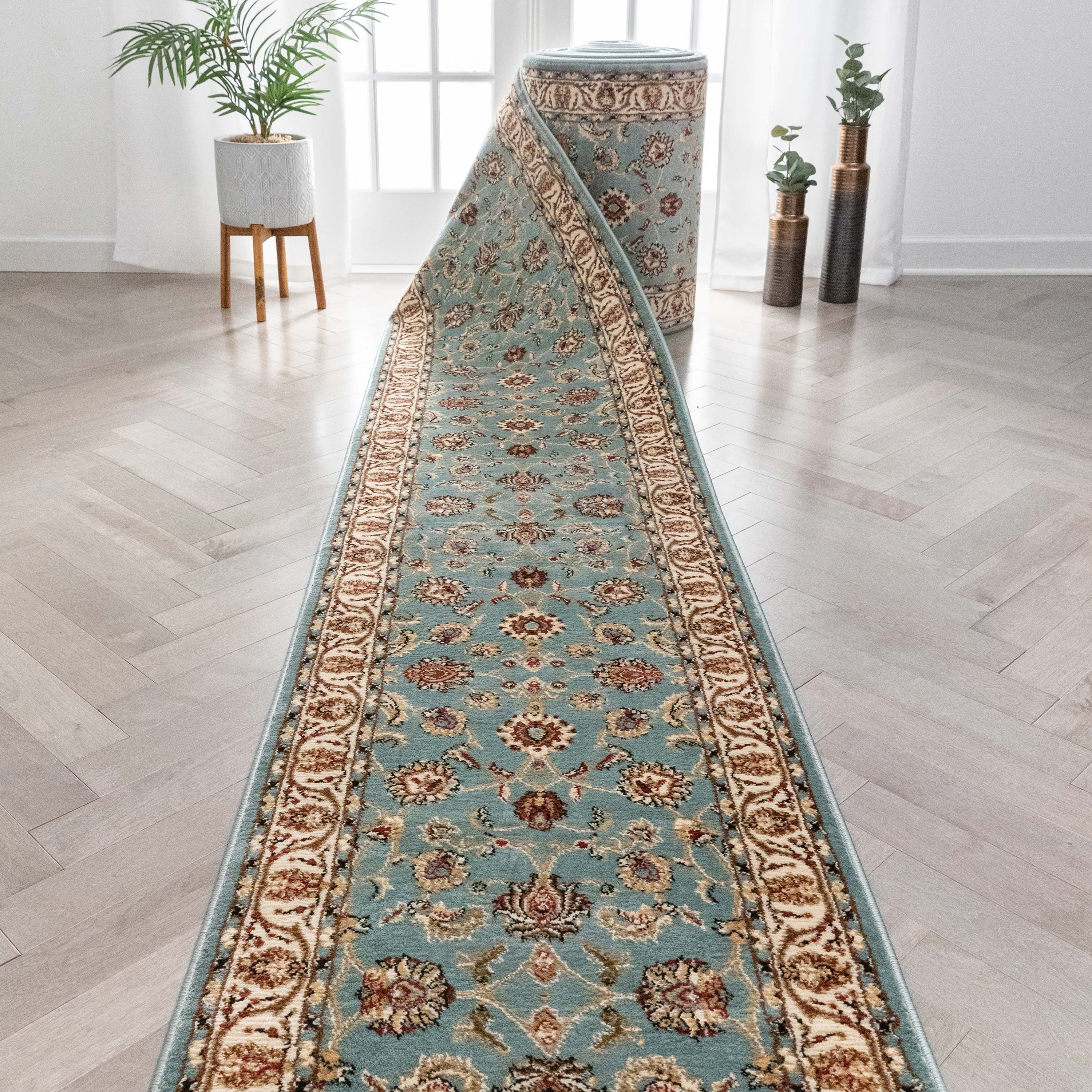 Sarouk Custom Size Runner Traditional Light Blue 27 Inch Wide x Choose Your Length Hallway Runner Rug