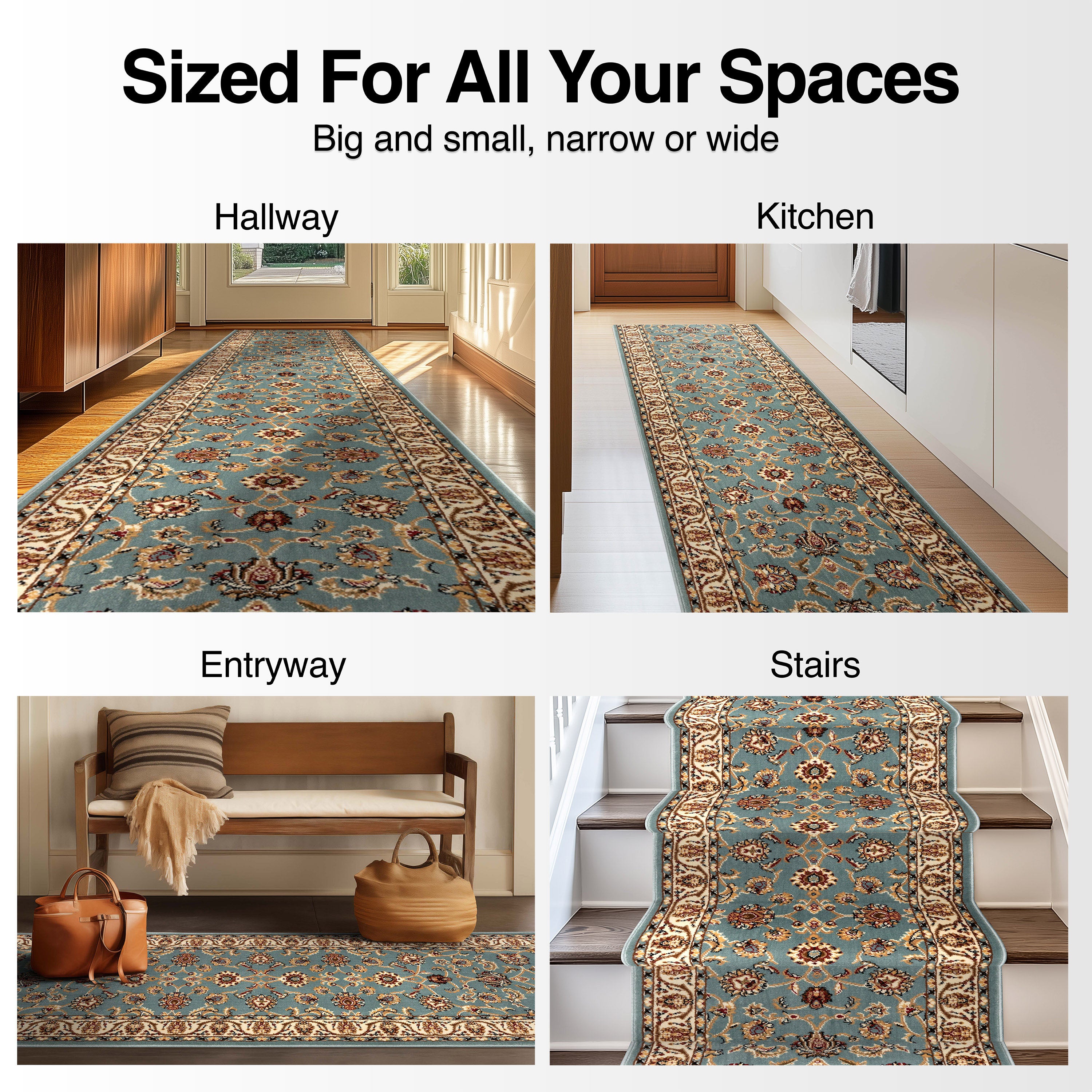 Sarouk Custom Size Runner Traditional Light Blue 27 Inch Wide x Choose Your Length Hallway Runner Rug