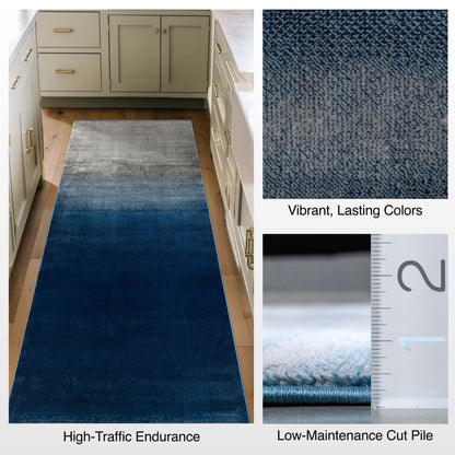 Custom Size Runner Emine Abstract Ombre Modern Blue 27 Inch Wide x Choose Your Length Hallway Runner Rug