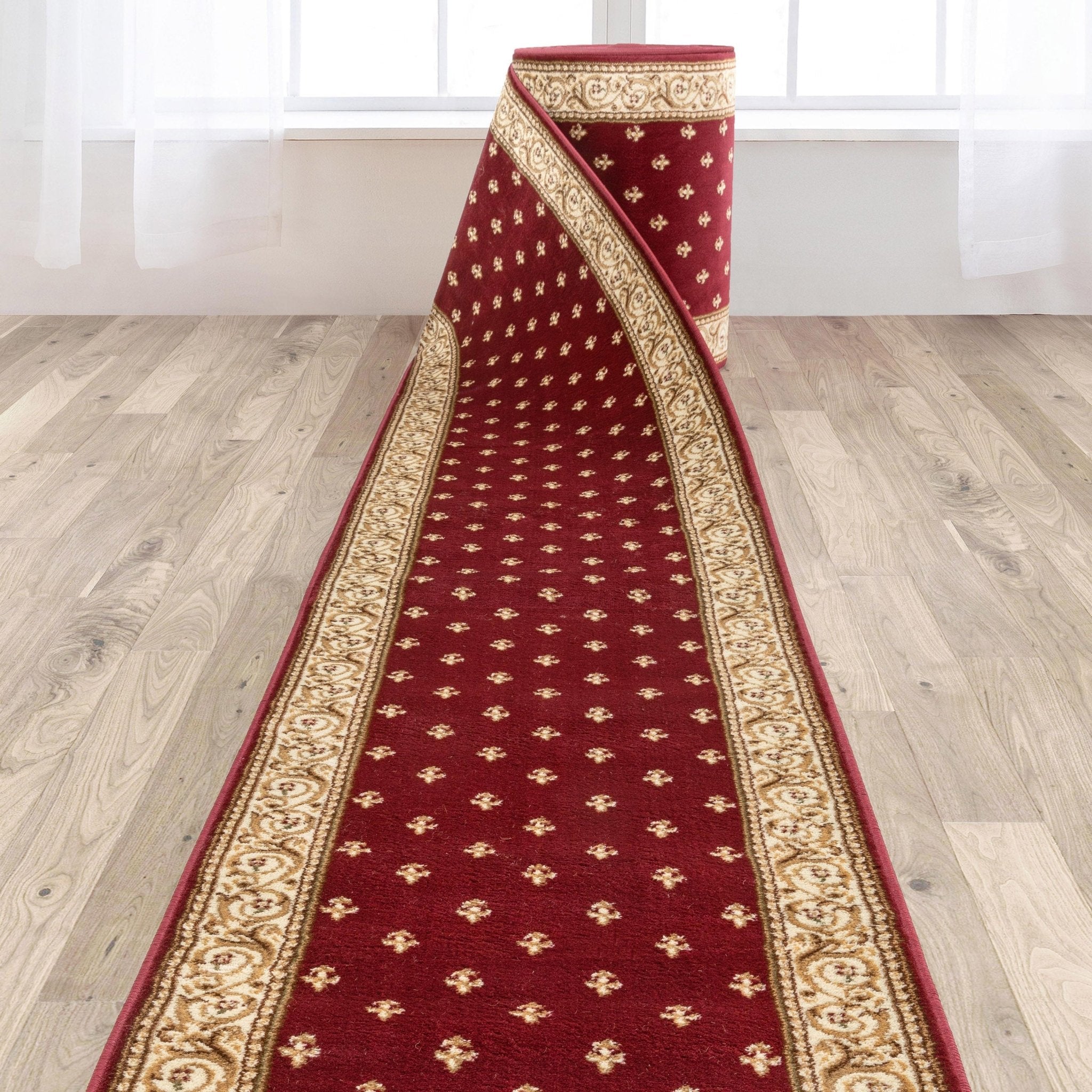 Custom Size Hallway & Stair Runner Fleur de Lis Traditional Red 27 Inch Wide x Choose Your Custom Length Runner Rug Well Woven