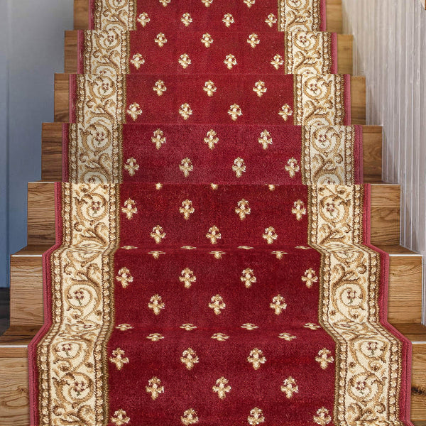 Custom Size Hallway & Stair Runner Fleur de Lis Traditional Red 27 Inch Wide x Choose Your Custom Length Runner Rug