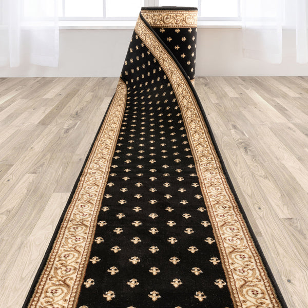 Custom Size Hallway & Stair Runner Fleur de Lis Traditional Black  27 Inch Wide x Choose Your Custom Length Runner Rug