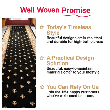 Custom Size Hallway & Stair Runner Fleur de Lis Traditional Black  27 Inch Wide x Choose Your Custom Length Runner Rug