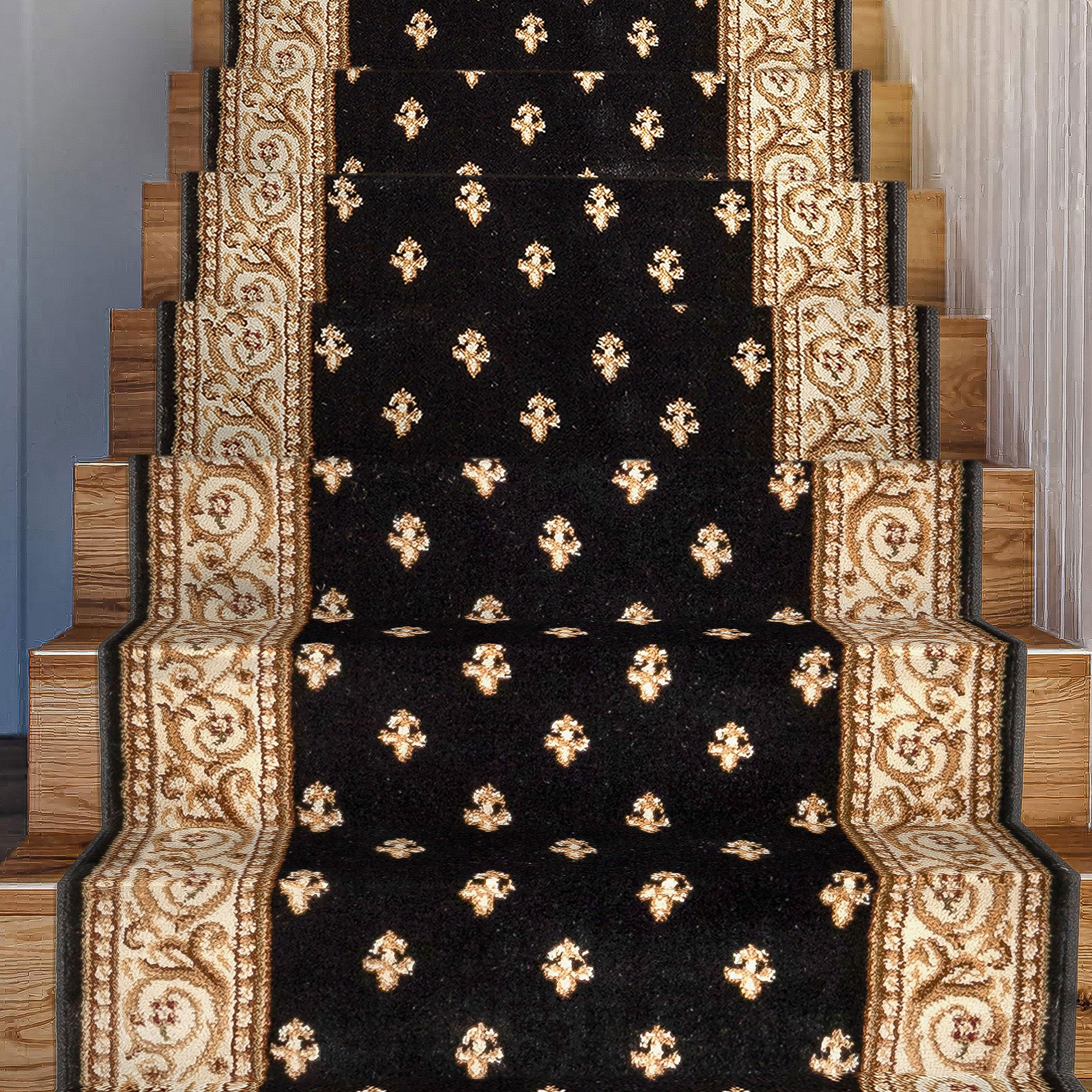 Custom Size Hallway & Stair Runner Fleur de Lis Traditional Black  27 Inch Wide x Choose Your Custom Length Runner Rug