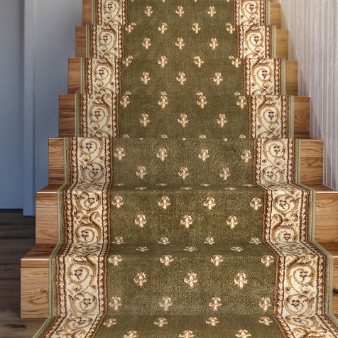 Custom Size Hallway & Stair Runner Fleur de Lis Traditional Green 27 Inch Wide x Choose Your Custom Length Runner Rug