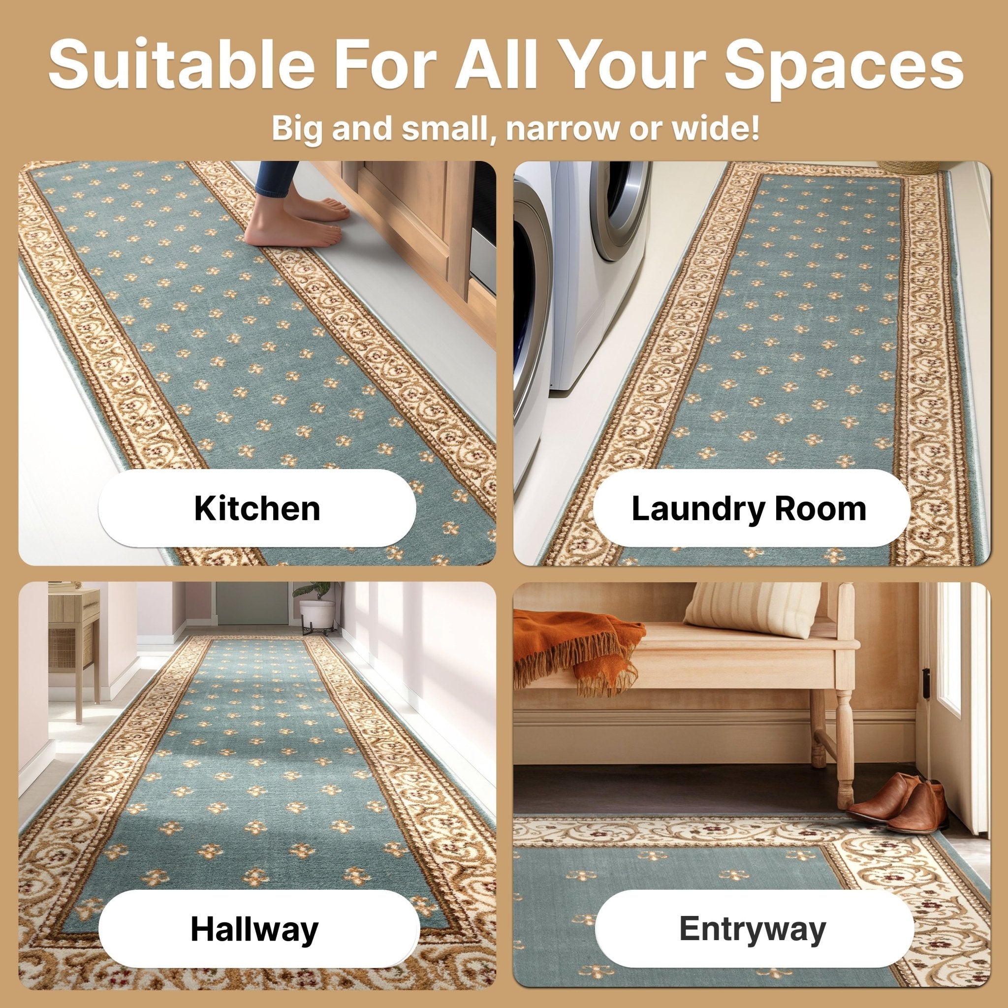 Custom Size Hallway & Stair Runner Fleur de Lis Traditional Light Blue  27 Inch Wide x Choose Your Custom Length Runner Rug Well Woven