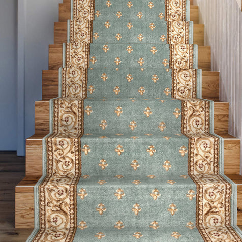 Custom Size Hallway & Stair Runner Fleur de Lis Traditional Light Blue  27 Inch Wide x Choose Your Custom Length Runner Rug