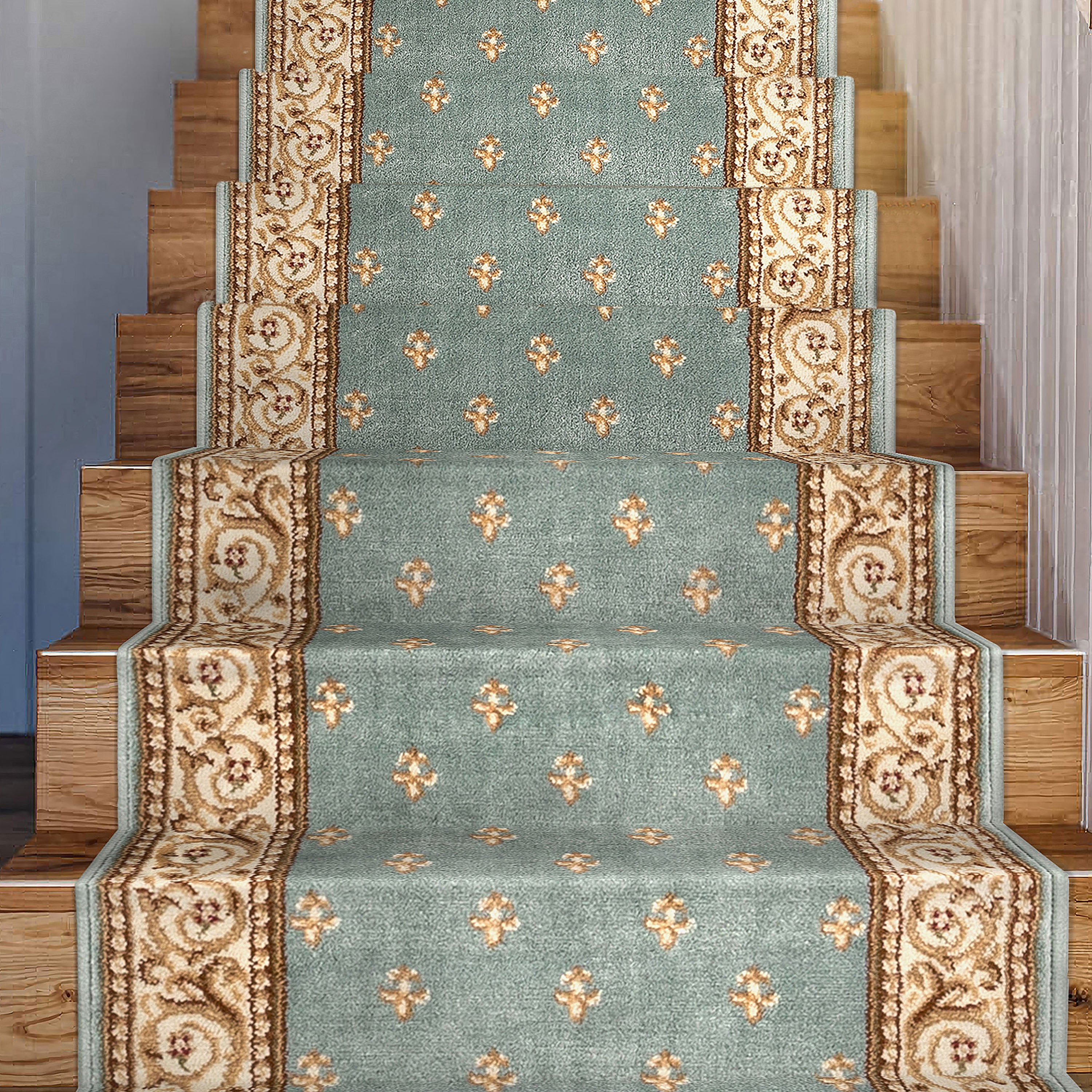 Custom Size Hallway & Stair Runner Fleur de Lis Traditional Light Blue  27 Inch Wide x Choose Your Custom Length Runner Rug