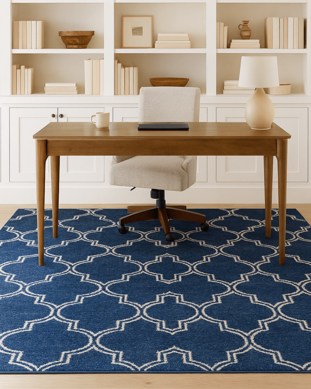 Wooden desk with chair on a blue lattice patterned rug in a home office with built-in bookshelves.