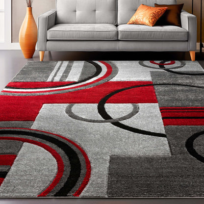 Galaxy Waves Grey Red Modern Geometric Rug