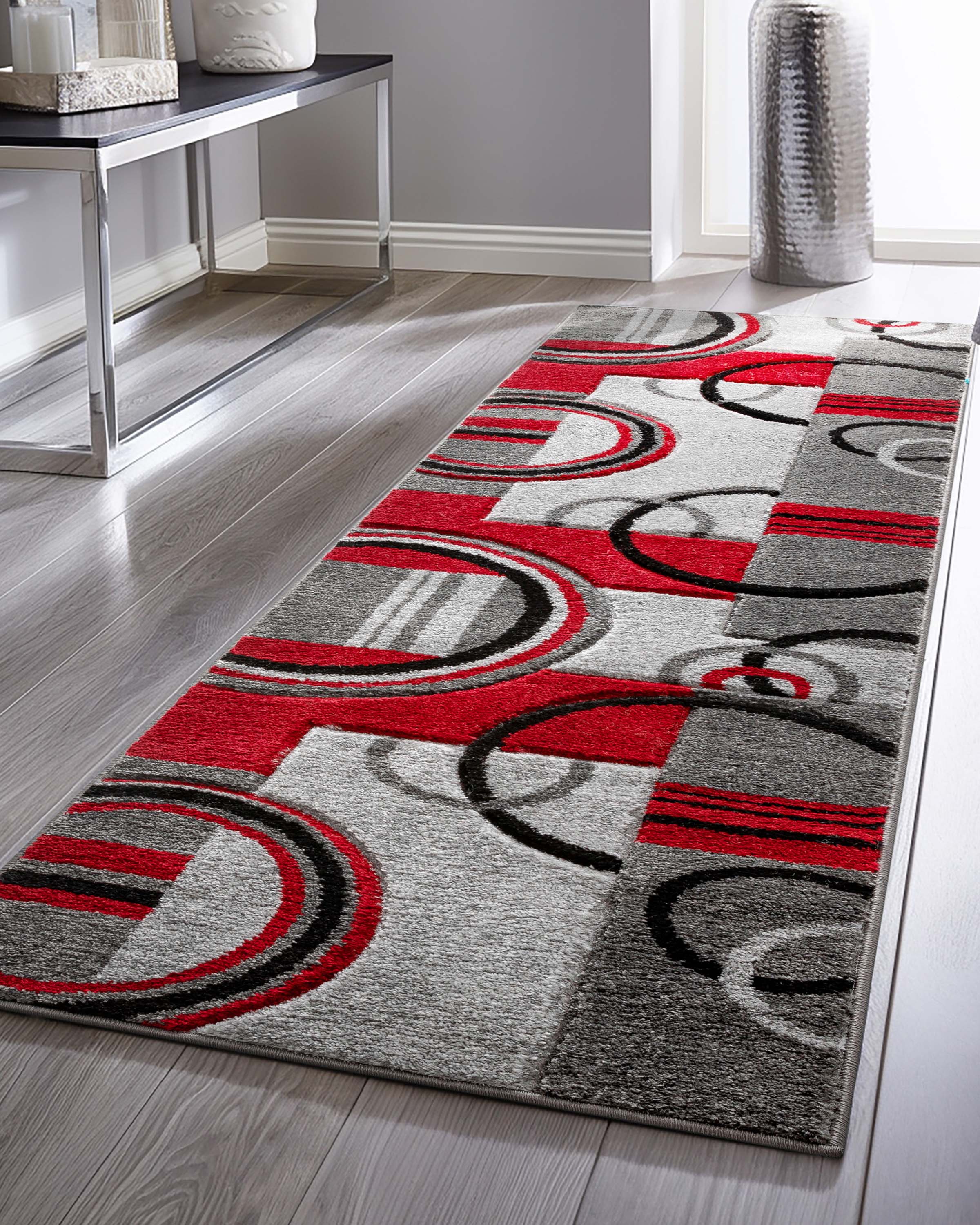 Galaxy Waves Grey Red Modern Geometric Rug