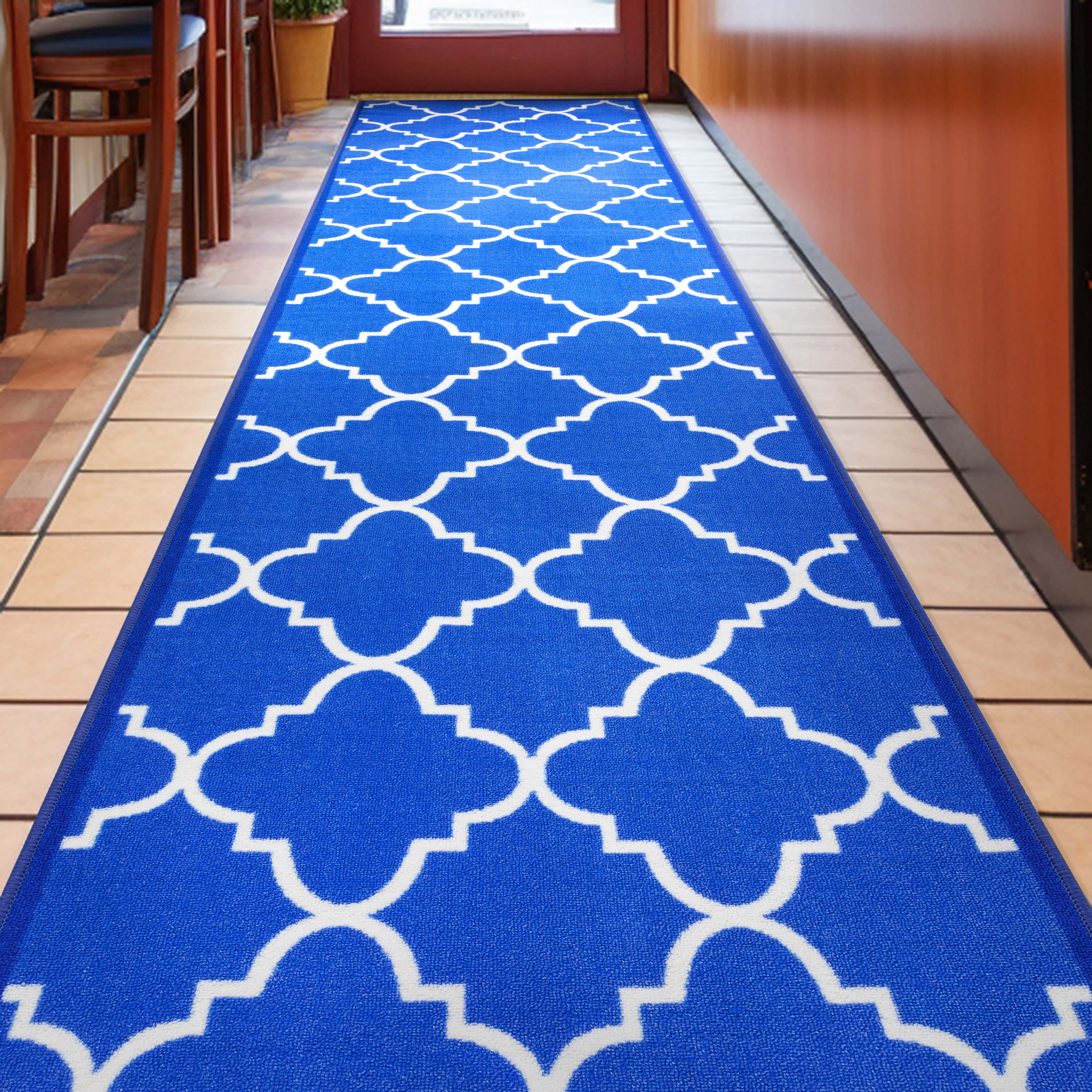 Brooklyn Trellis Custom Size Runner Modern Blue Select Your Width x Choose Your Length Machine Washable Hallway Runner Rug