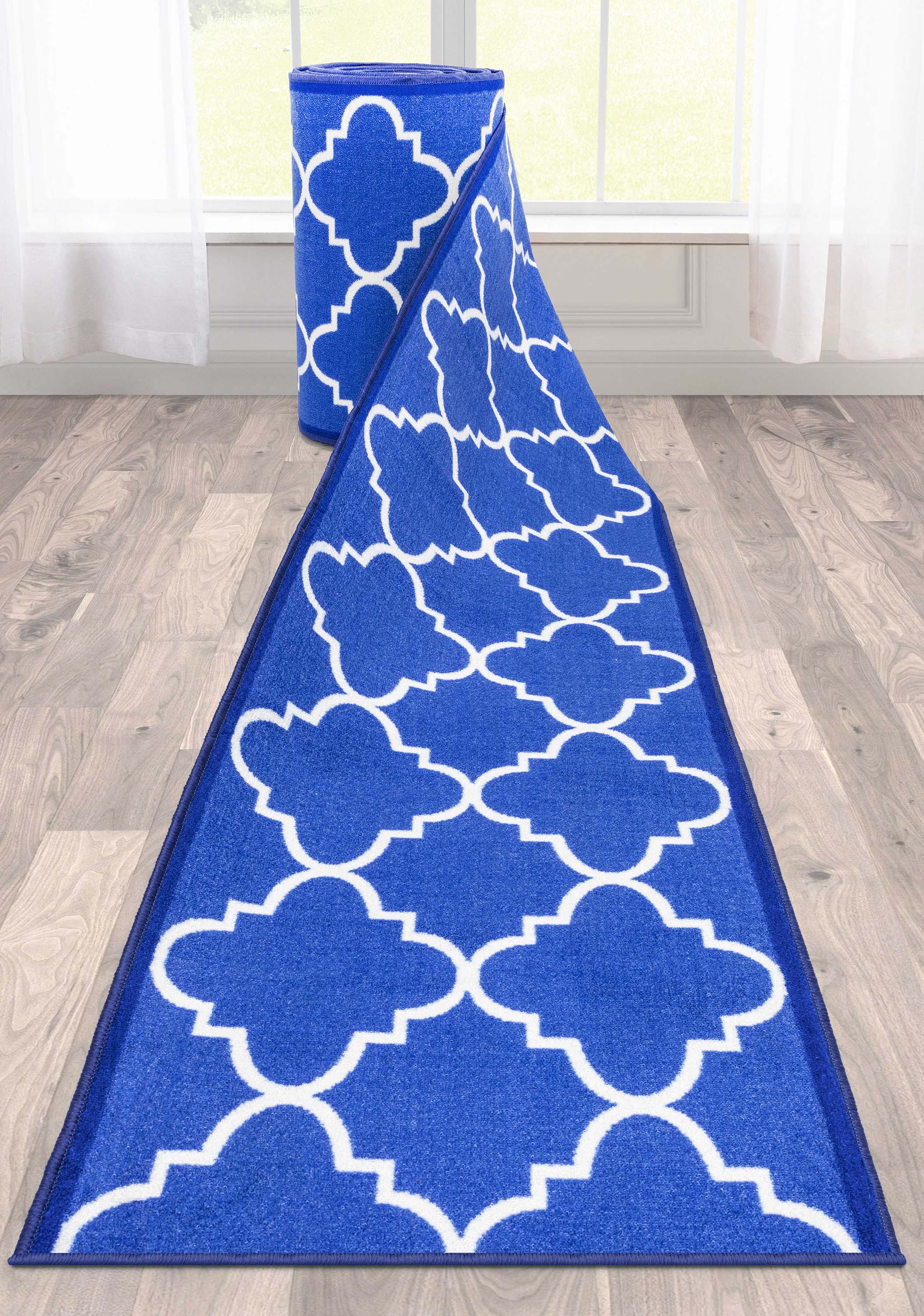 Brooklyn Trellis Custom Size Runner Modern Blue Select Your Width x Choose Your Length Machine Washable Hallway Runner Rug