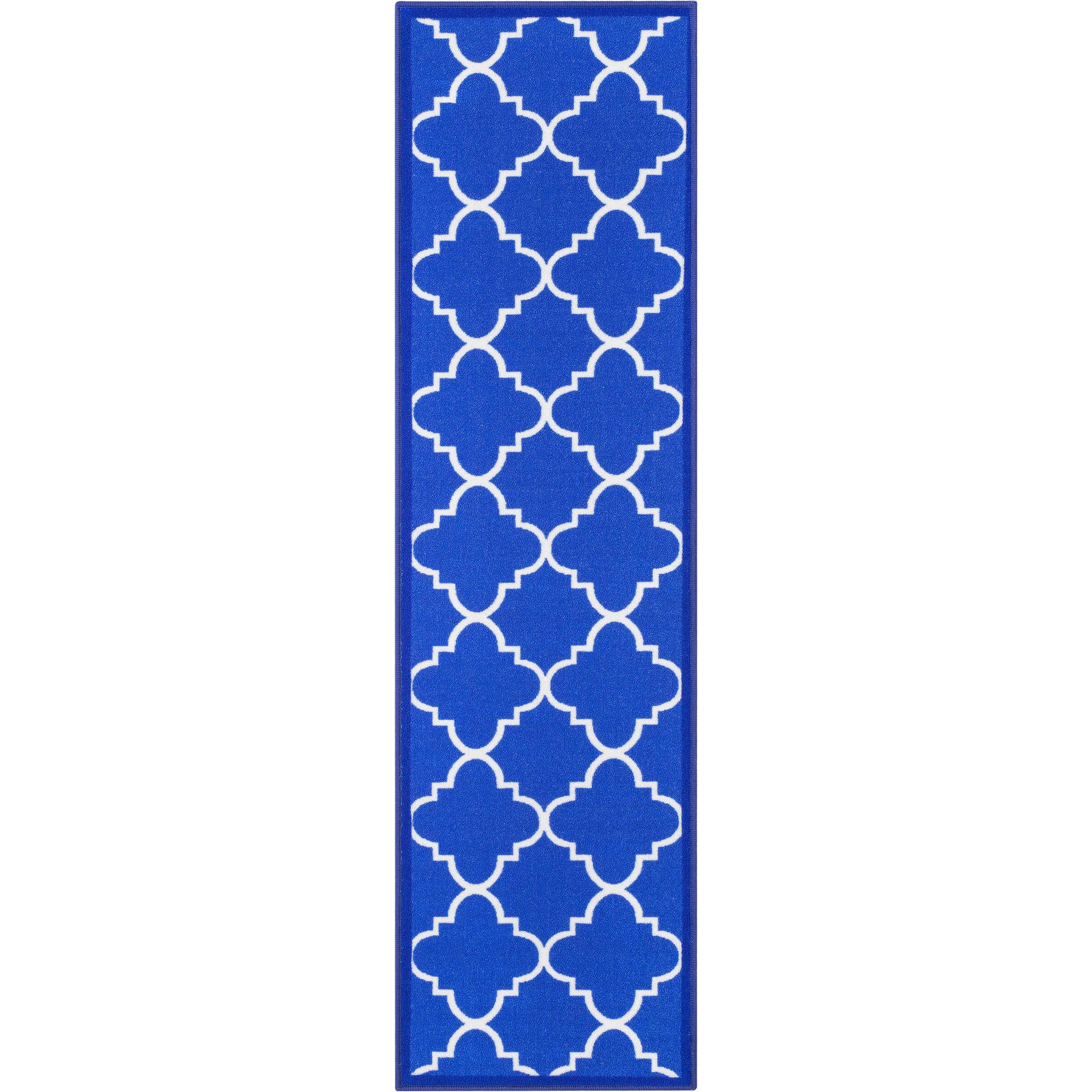 Brooklyn Trellis Blue Moroccan Non-Slip Washable Runner Rug Rubber Backing High-Traffic Areas