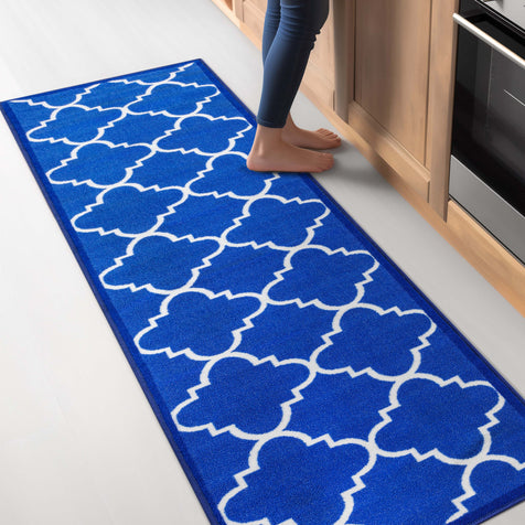 Brooklyn Trellis Blue Moroccan Non-Slip Washable Runner Rug Rubber Backing High-Traffic Areas