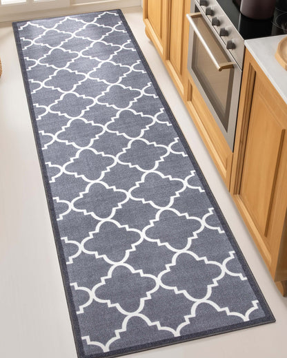 Brooklyn Trellis Grey Moroccan Non-Slip Washable Runner Rug Rubber Backing High-Traffic Areas