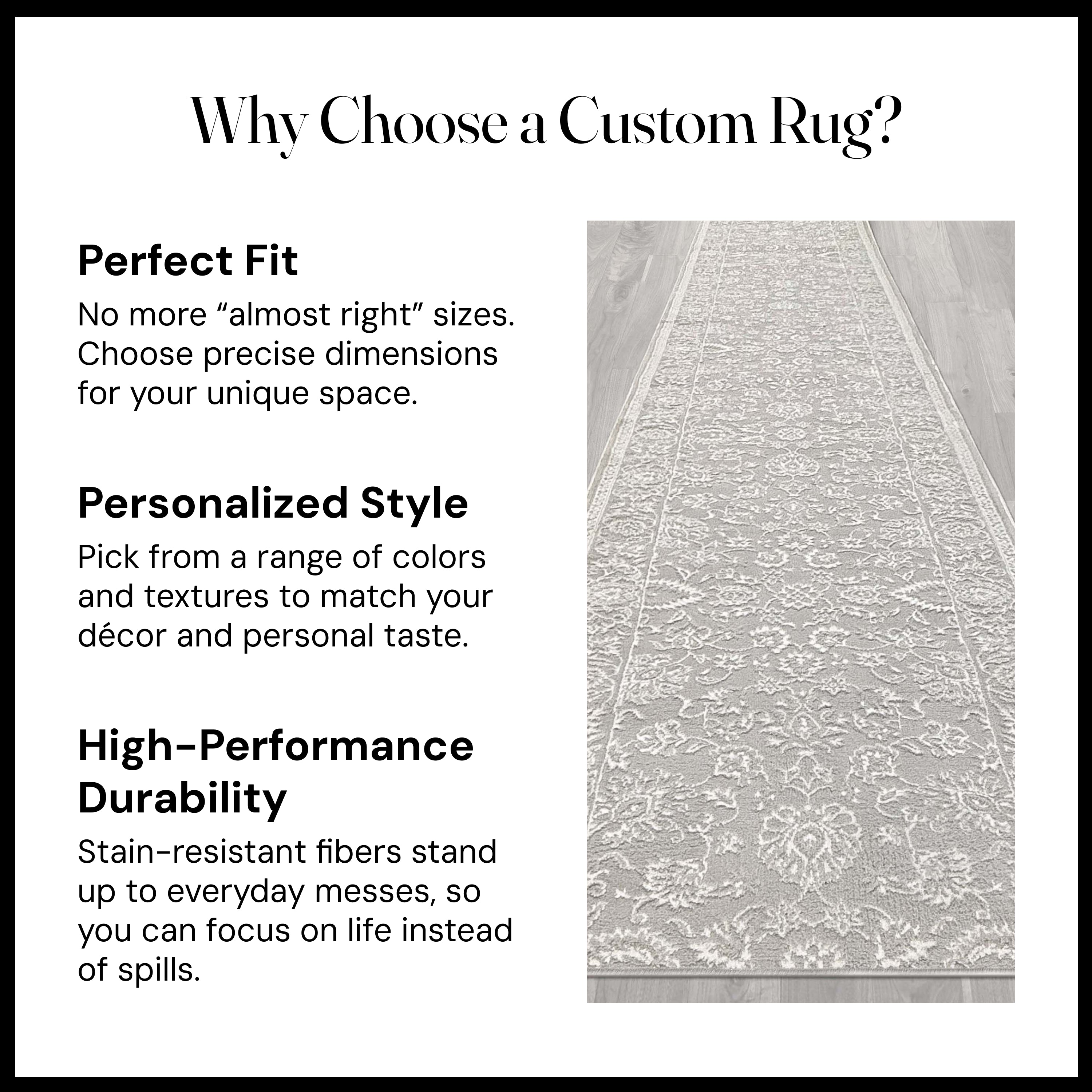 Custom Size Runner Oswin Floral Grey Choose Your Width x Choose Your Length Runner Rug - Perfect For Hallway, Stairs & Kitchen