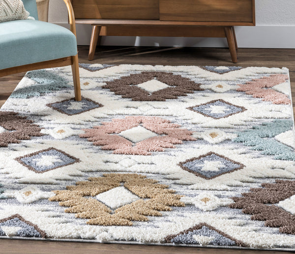 Ares Moroccan Diamond Trellis Ivory High-Low Shag Rug