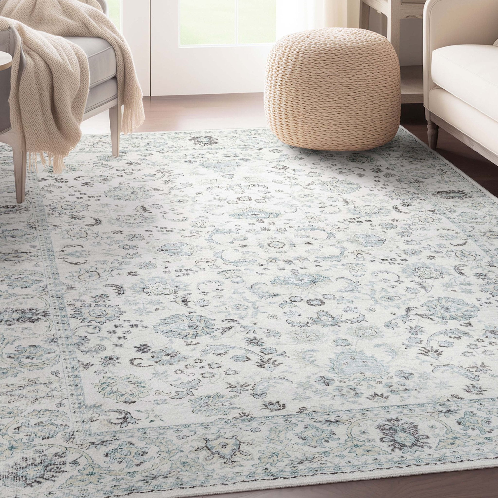 Elle Basics Silk Vintage Oriental Ivory Easy-Clean Washable Non-Slip Rug by Well Woven Well Woven