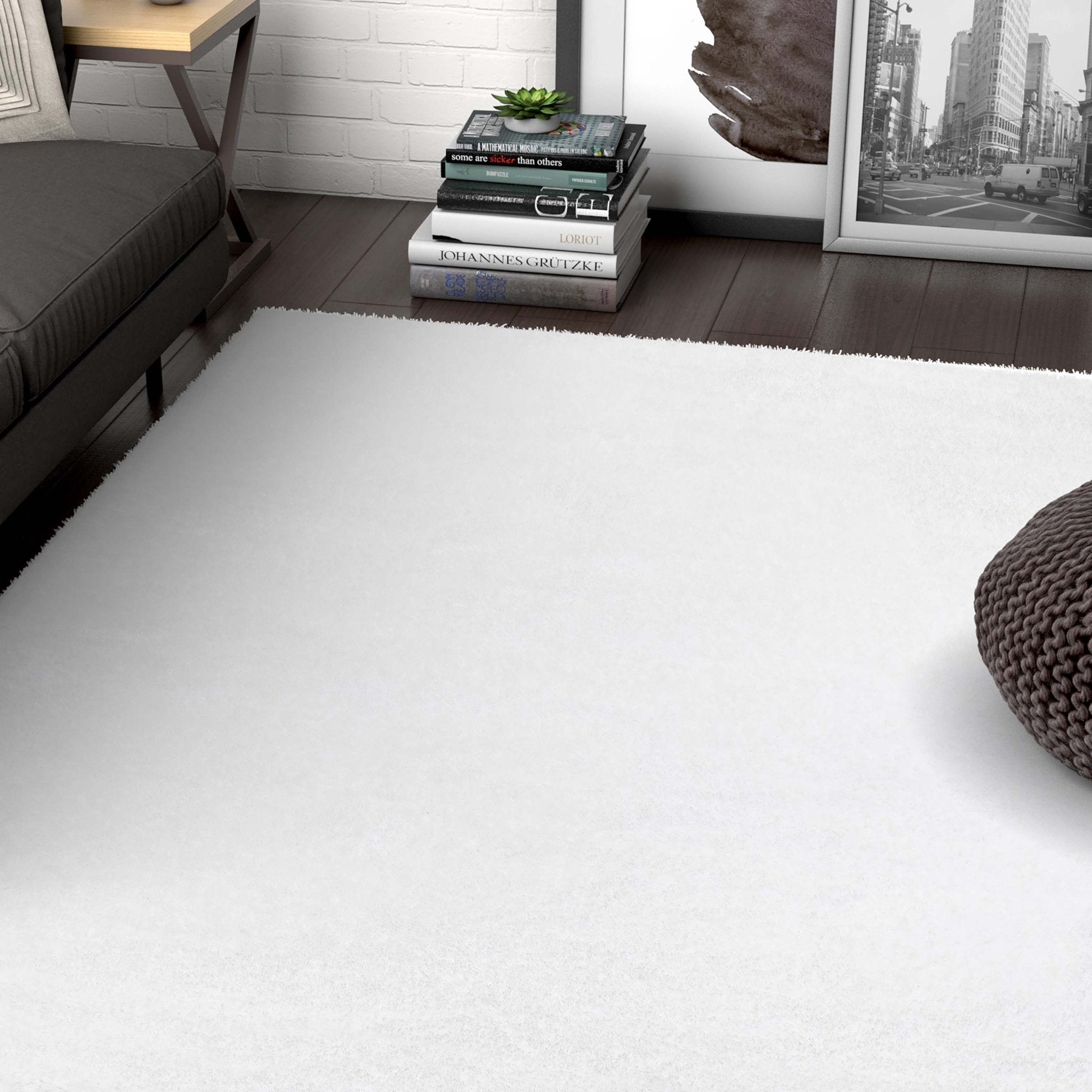 Feather Collection Liza  White Shag Rug –   Sparkly, Plush, Minimalist Glam - Well Woven - White rug in a living room
