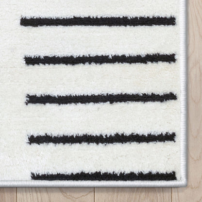 Boho Rainbow Shag Geometric Ivory Black High-Low Rug