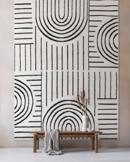 Boho Rainbow Shag Geometric Ivory Black High-Low Rug