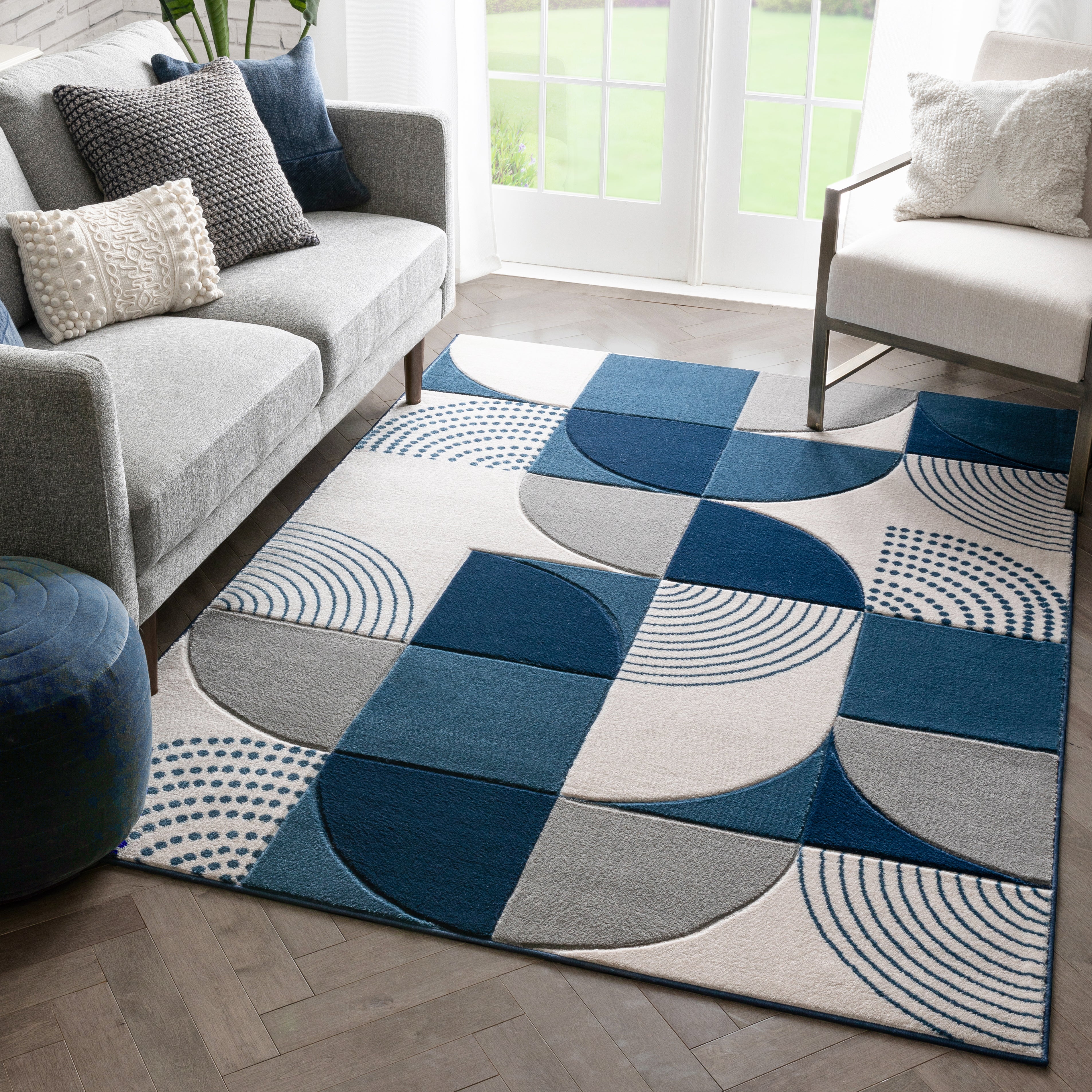 Margot Blue Modern Geometric Boxes Lines 3D Textured Rug