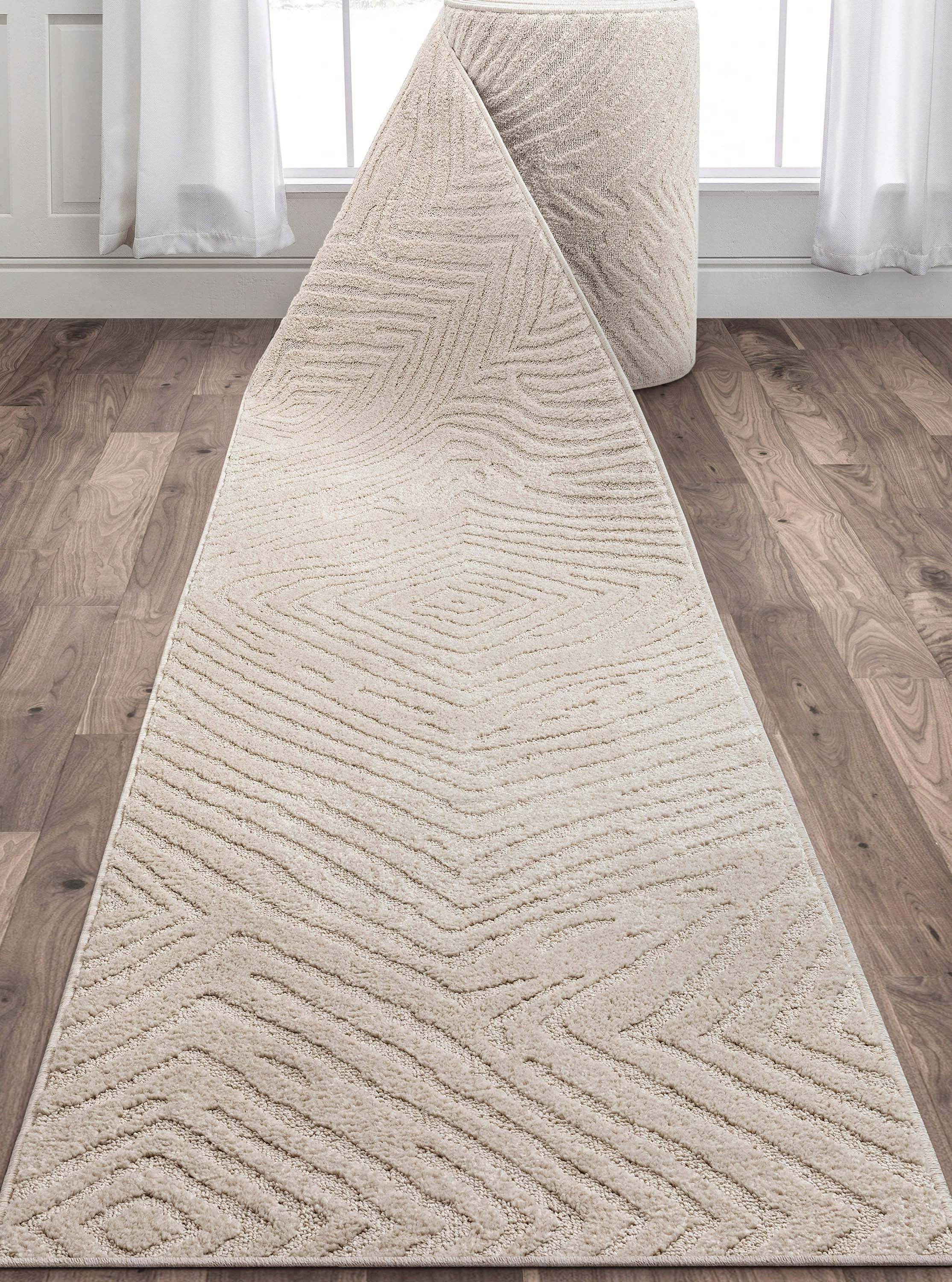 Custom Size Runner Relajo Modern Solid & Striped Ivory Choose Your Width x Choose Your Length Hallway Runner Rug