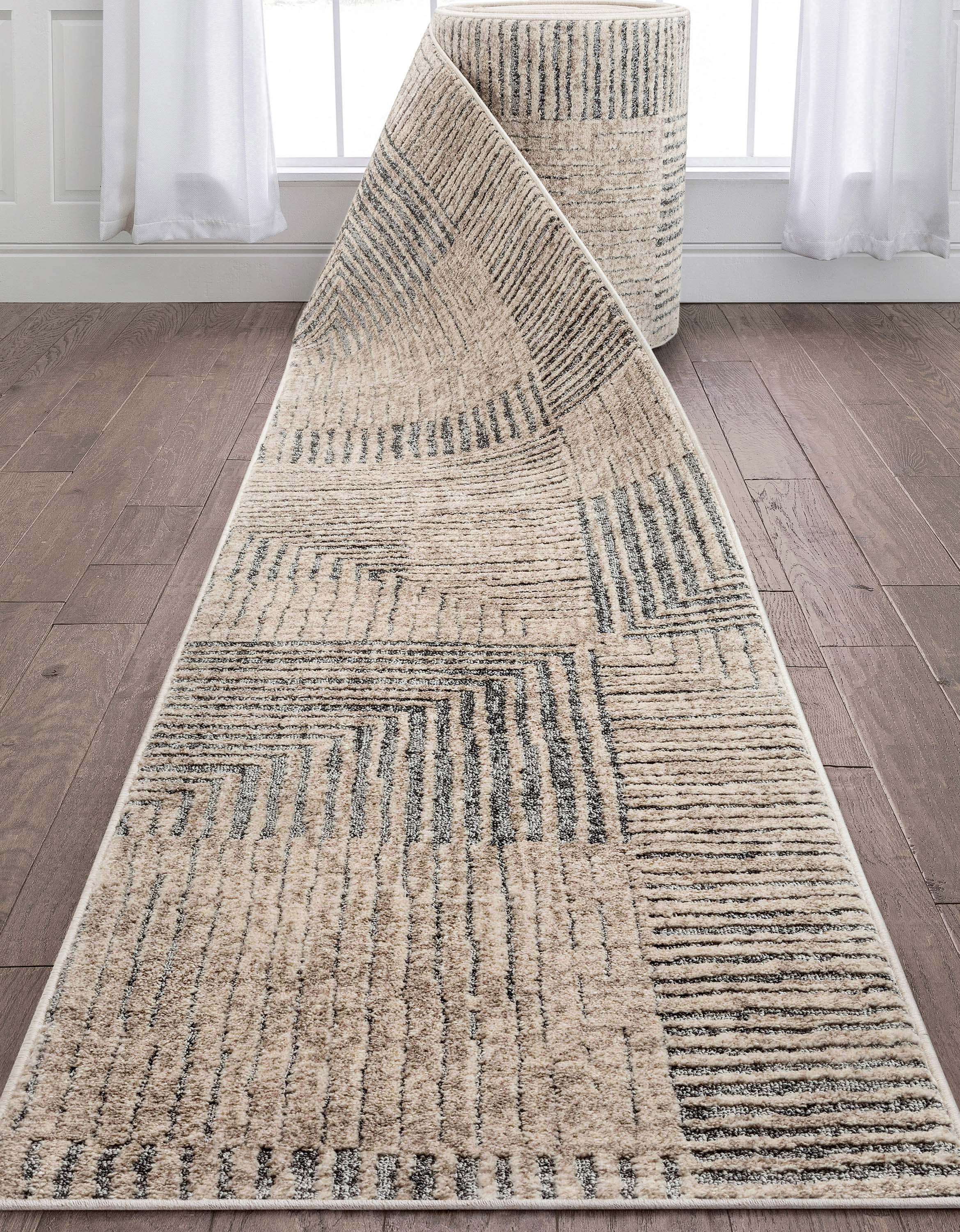 Custom Size Runner Sula Modern Geometric Boxes Ivory Grey Choose Your Width x Choose Your Length Hallway Runner Rug