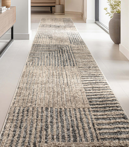 Custom Size Runner Sula Modern Geometric Boxes Ivory Grey Choose Your Width x Choose Your Length Hallway Runner Rug