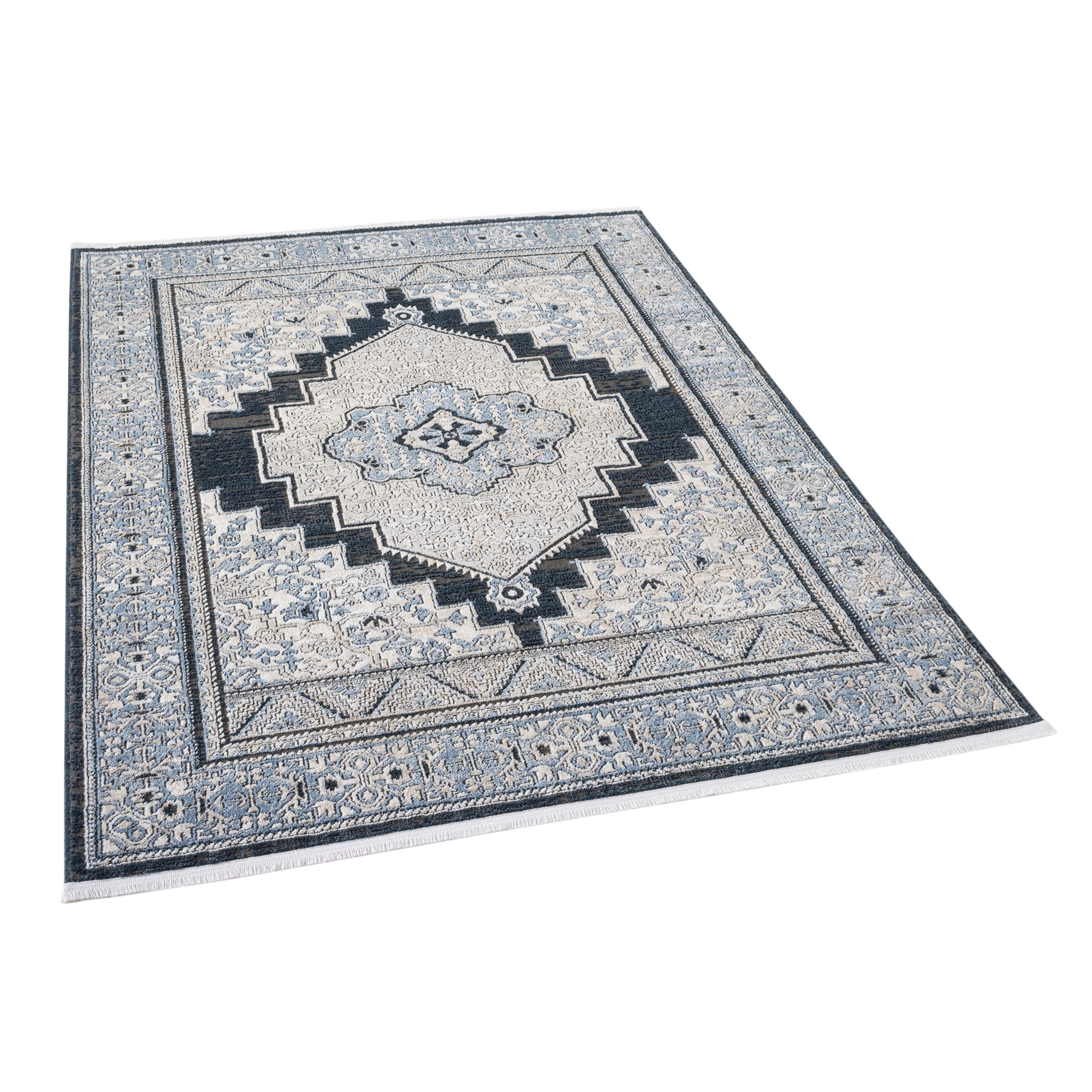 Obsidian Vintage Medallion Midnight Blue Area Rug with Fringe
