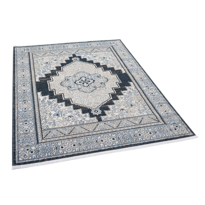 Obsidian Vintage Medallion Midnight Blue Area Rug with Fringe