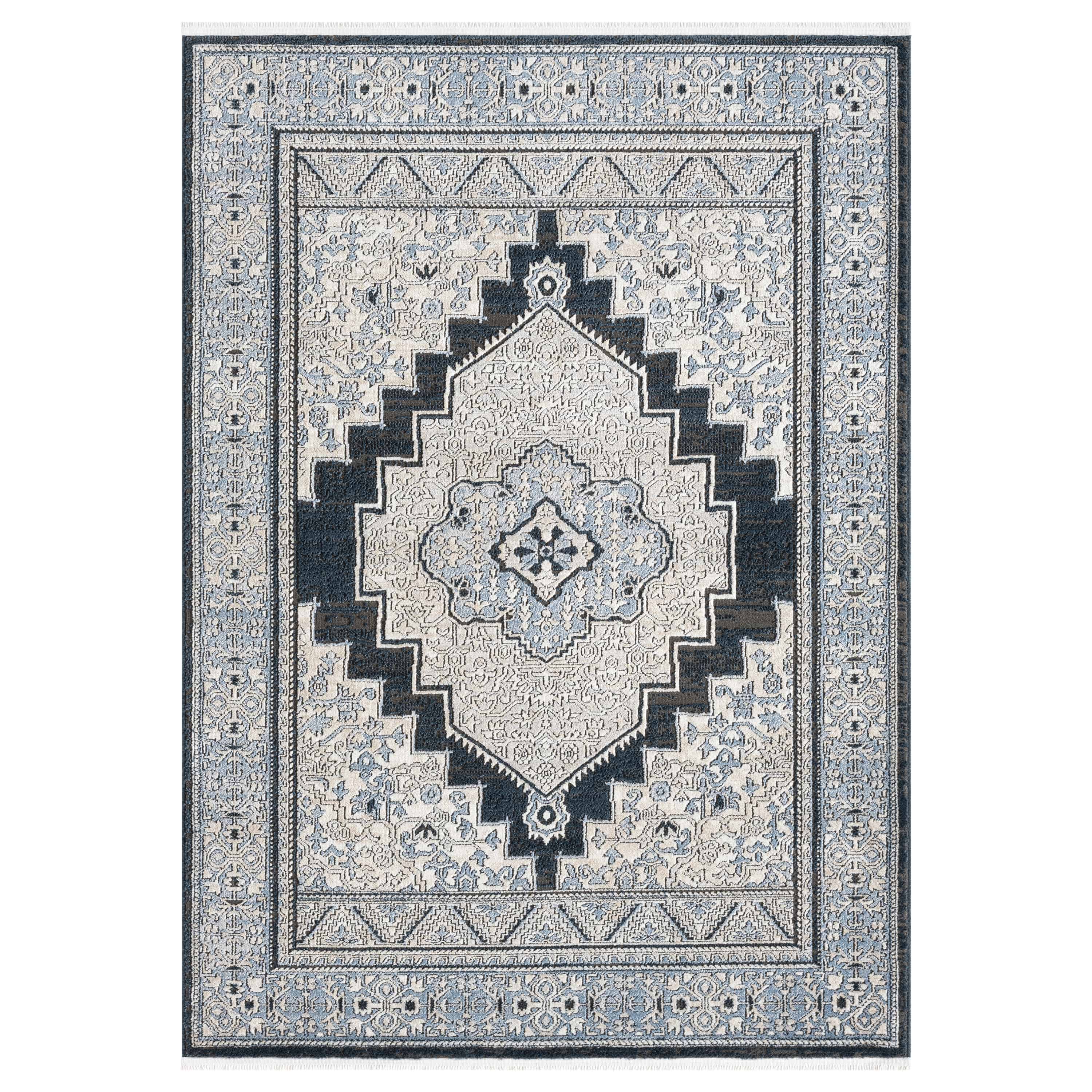 Obsidian Vintage Medallion Midnight Blue Area Rug with Fringe