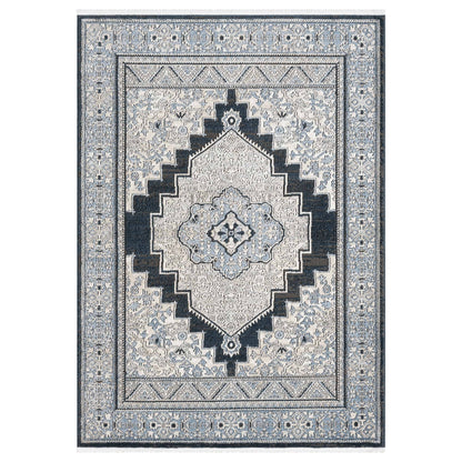 Obsidian Vintage Medallion Midnight Blue Area Rug with Fringe