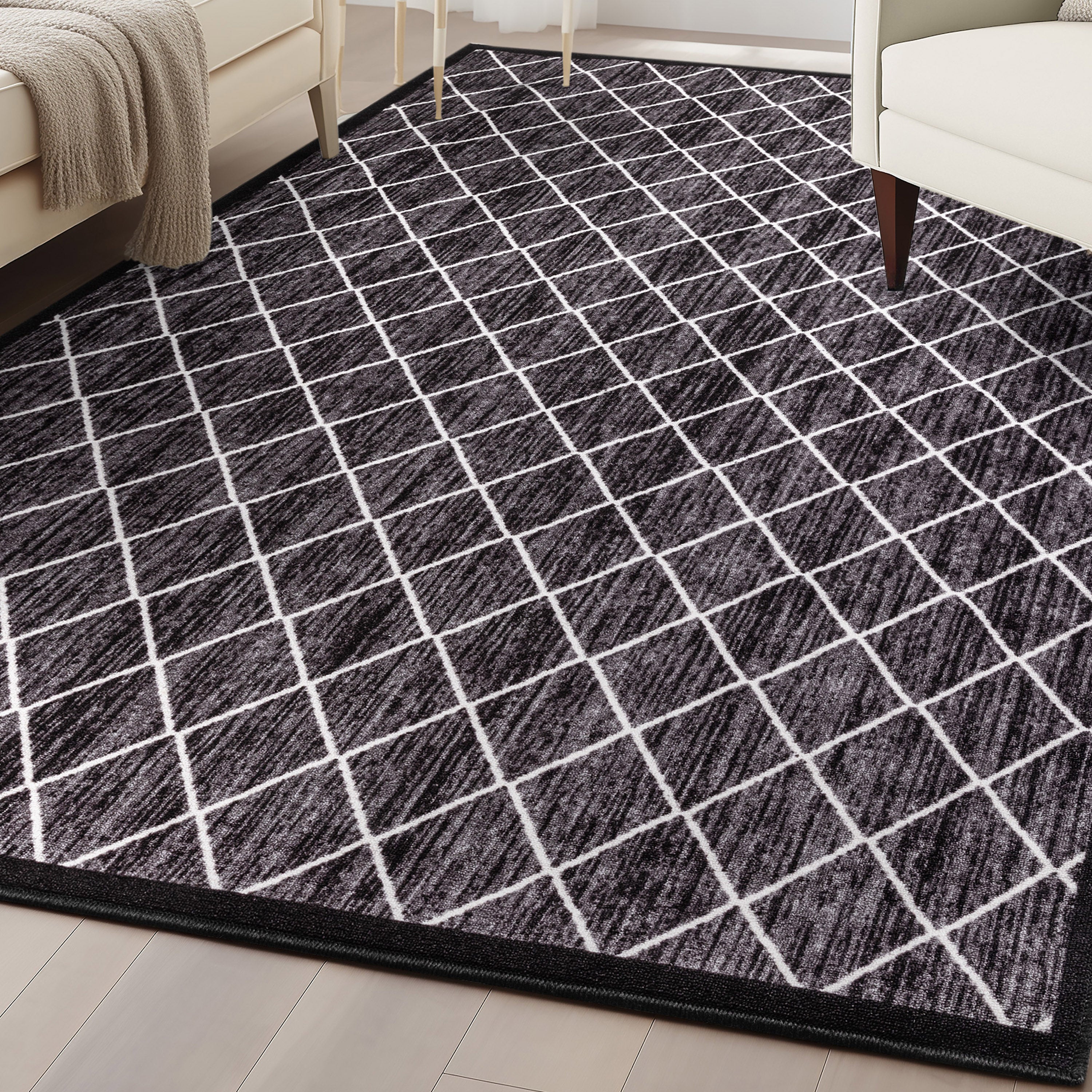 Clover Grey Moroccan Non-Slip Washable Rug with Rubber Backing for High-Traffic Areas