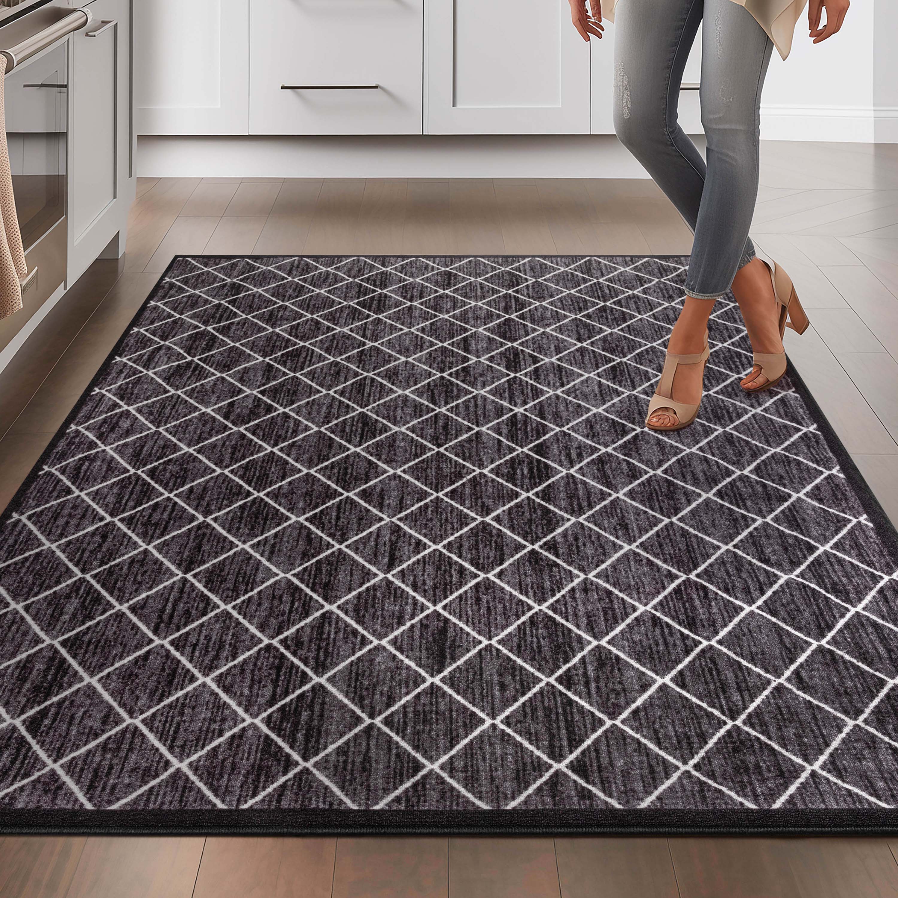 Clover Grey Moroccan Non-Slip Washable Rug with Rubber Backing for High-Traffic Areas