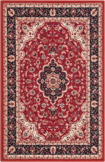 Gene Medallion Persian Red Non-Slip Machine Washable Low Pile Rug for High-Traffic Areas