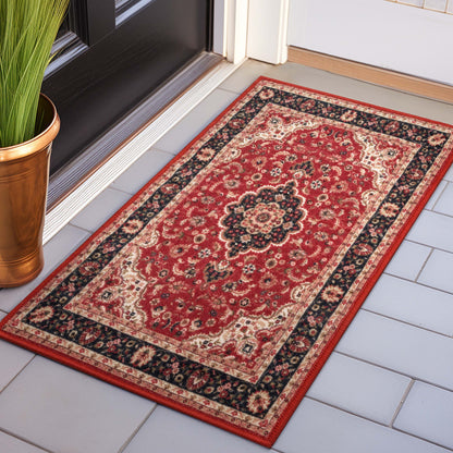 Gene Medallion Persian Red Non-Slip Machine Washable Low Pile Rug for High-Traffic Areas