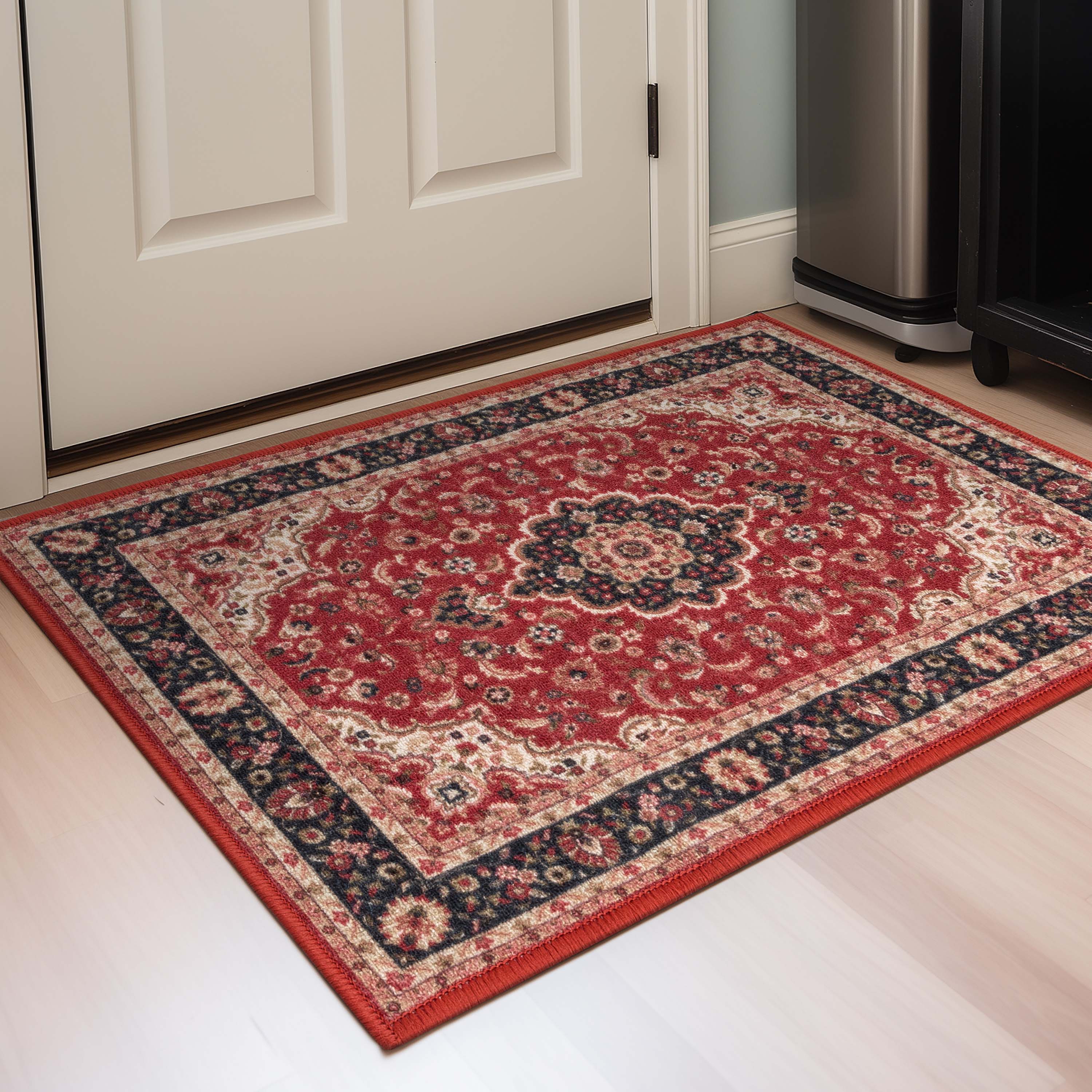 Gene Medallion Persian Red Non-Slip Machine Washable Low Pile Rug for High-Traffic Areas