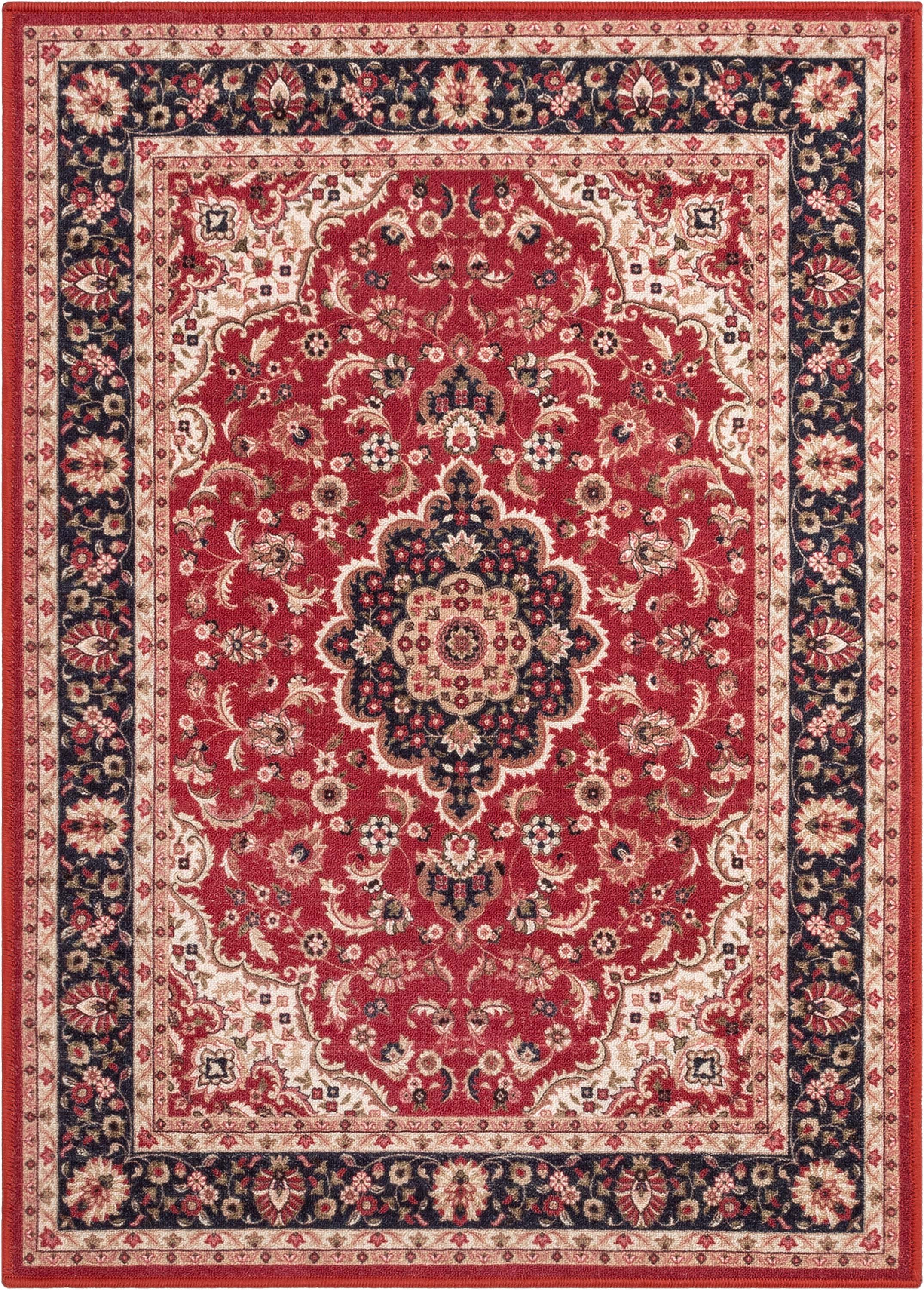 Gene Medallion Persian Red Non-Slip Machine Washable Low Pile Rug for High-Traffic Areas