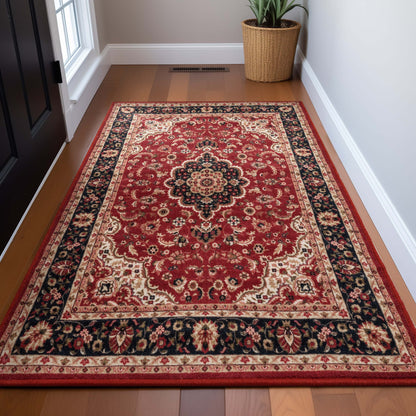 Gene Medallion Persian Red Non-Slip Machine Washable Low Pile Rug for High-Traffic Areas