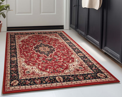 Gene Medallion Persian Red Non-Slip Machine Washable Low Pile Rug for High-Traffic Areas