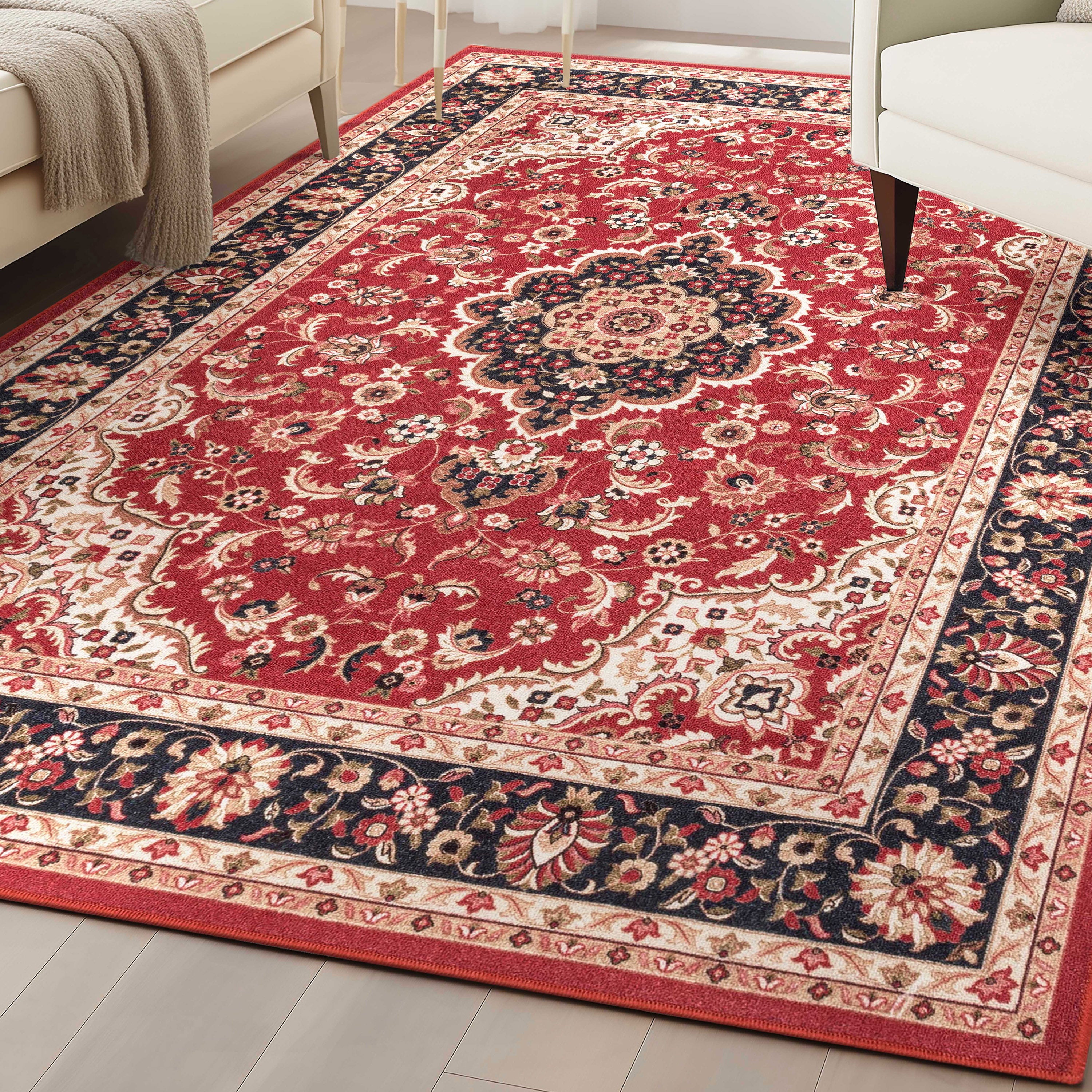 Gene Medallion Persian Red Non-Slip Machine Washable Low Pile Rug for High-Traffic Areas