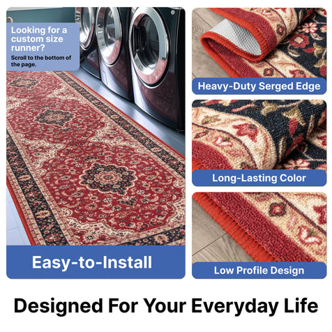 Gene Medallion Persian Red Non-Slip Machine Washable Low Pile Rug for High-Traffic Areas