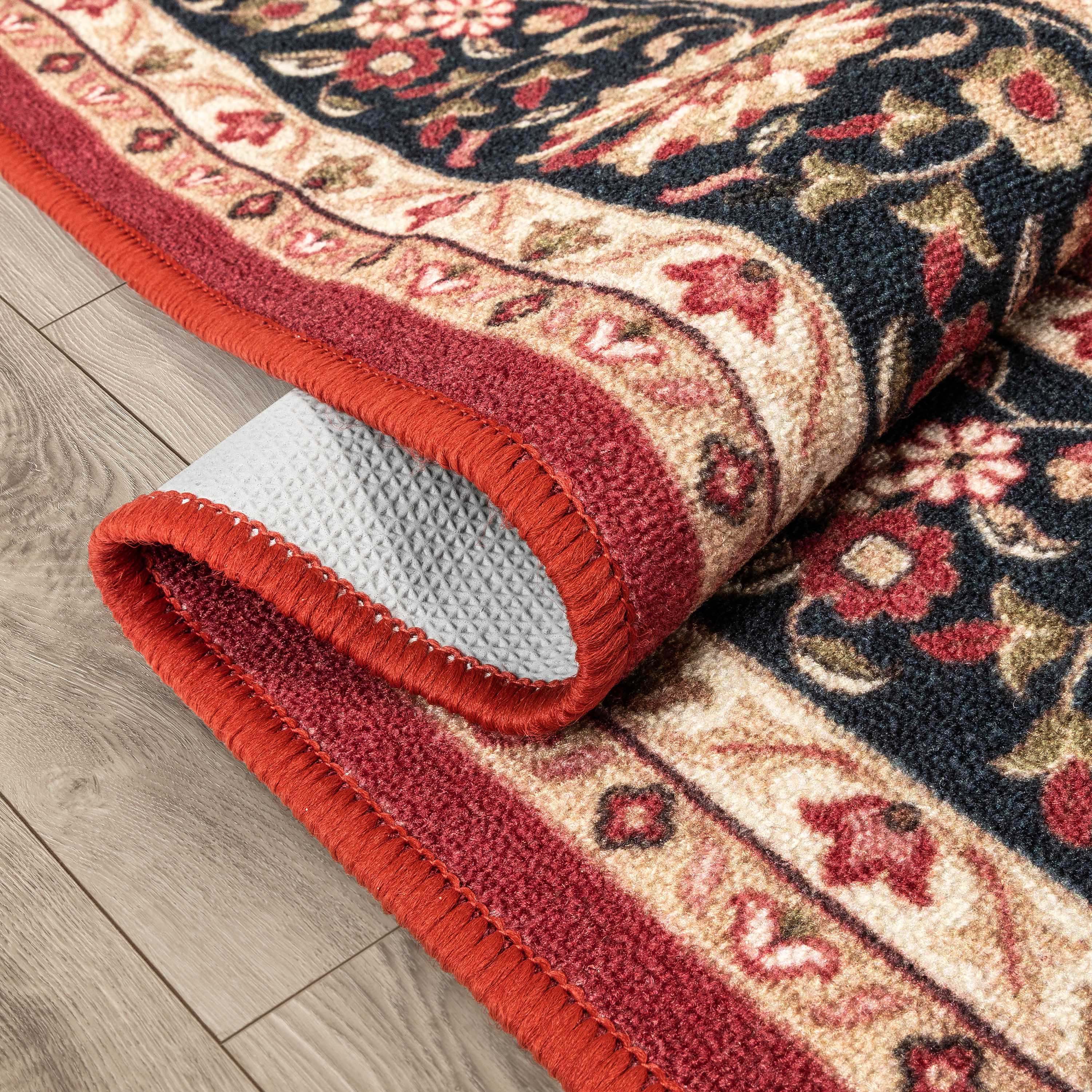 Gene Medallion Persian Red Non-Slip Machine Washable Low Pile Rug for High-Traffic Areas