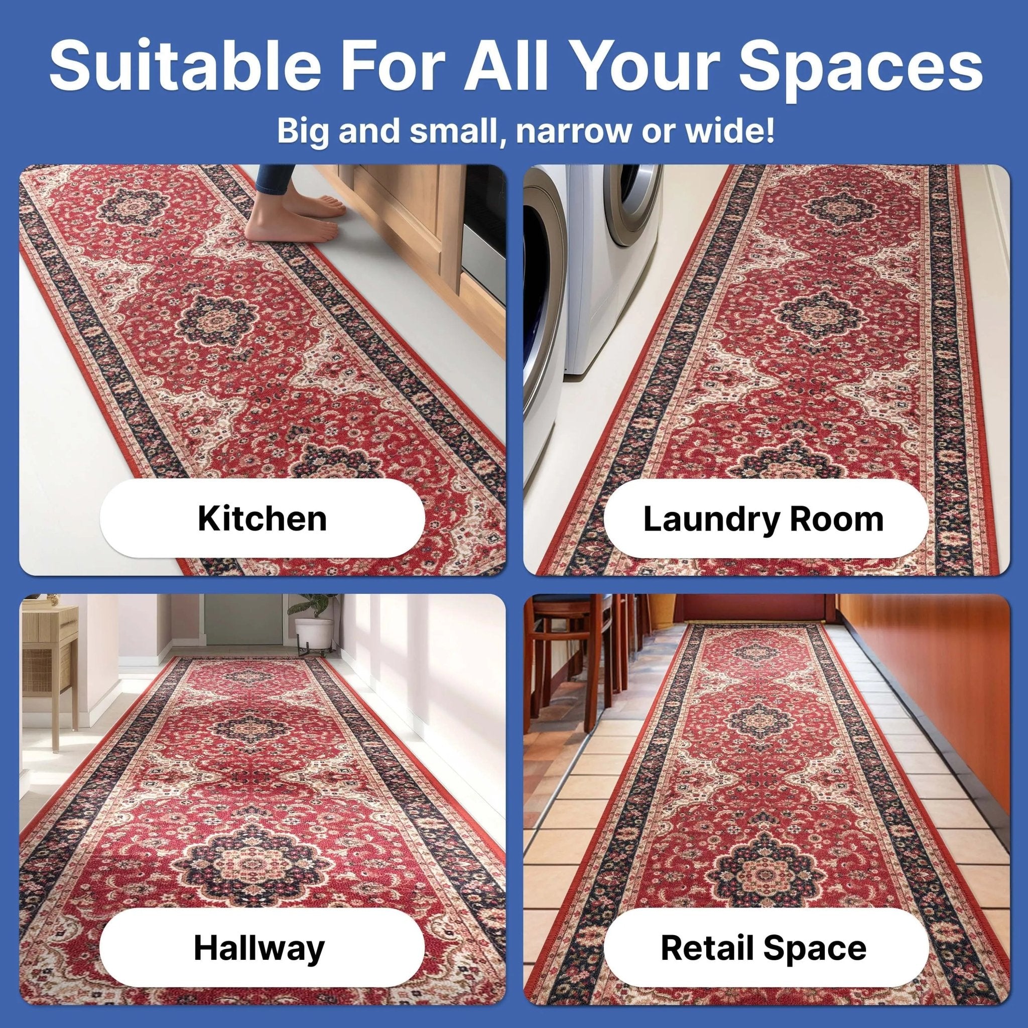 Custom Size Runner Gene Medallion Persian Red Select Your Width x Choose Your Length Machine Washable Hallway Runner Rug Well Woven