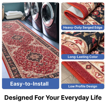 Custom Size Runner Gene Medallion Persian Red Select Your Width x Choose Your Length Machine Washable Hallway Runner Rug