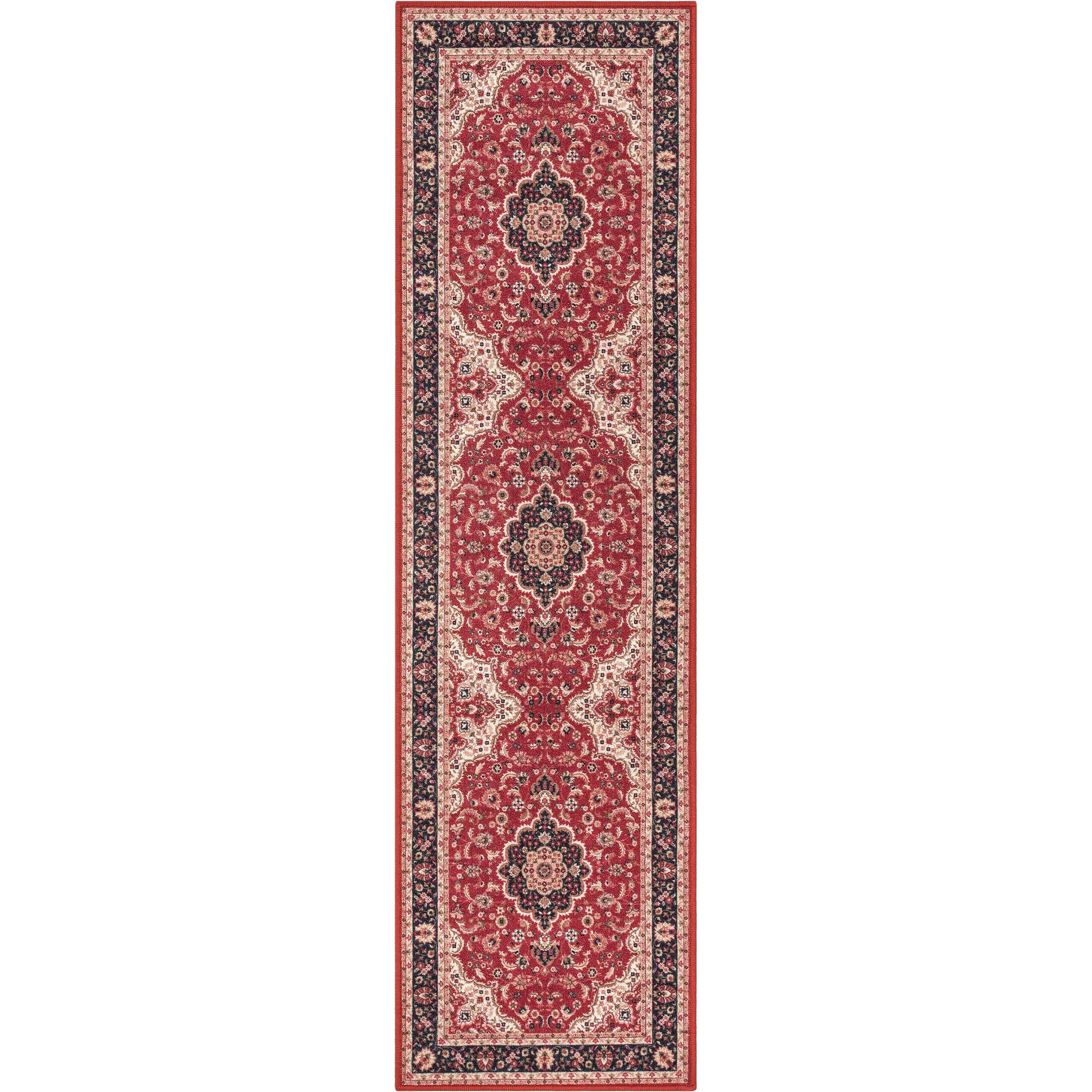 Gene Medallion Persian Red Non-Slip Machine Washable Low Pile Rug for High-Traffic Areas