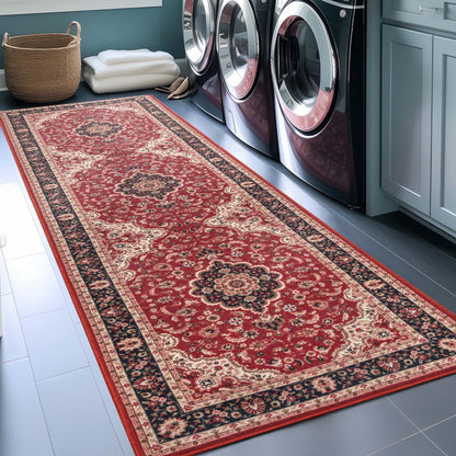 Gene Medallion Persian Red Non-Slip Machine Washable Low Pile Rug for High-Traffic Areas